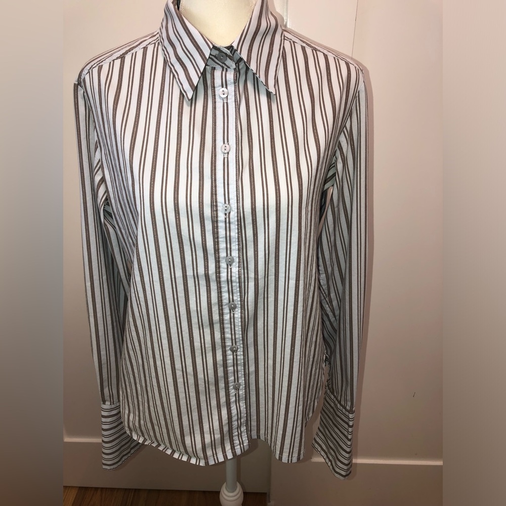 Women’s Button-Up Shirt - Light blue & Brown with shiny silver pinstripes.